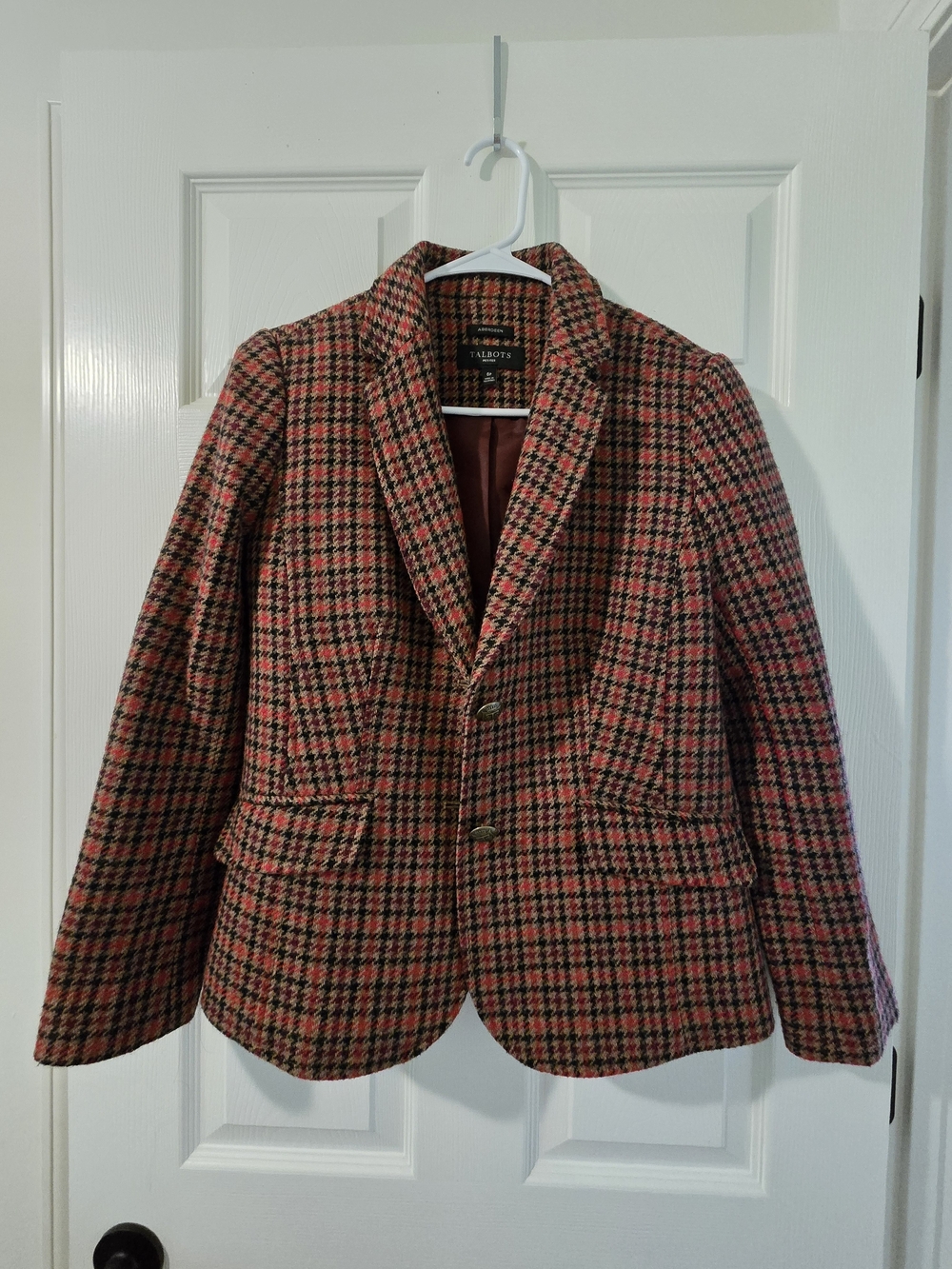 Talbots Pink and Black Houndstooth Wool-Blend Blazer
